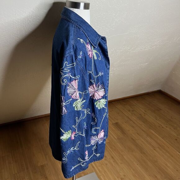 Vintage Denim Shirt Jacket Womens Medium Floral Beaded Embroidery - Picture 6 of 9